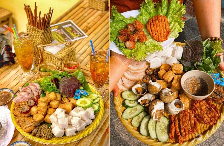 Bàn ăn bún đậu mắm tôm với đầy đủ các món ăn kèm được bài trí đẹp mắt