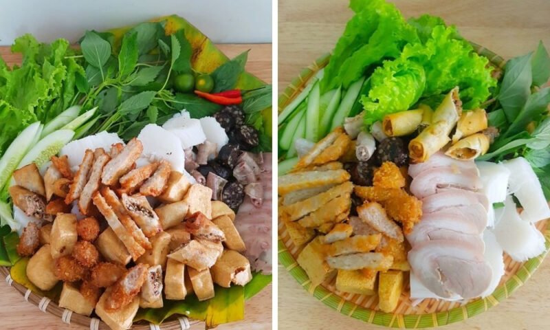 Bún đậu mắm tôm được trình bày trên mẹt lá chuối truyền thống