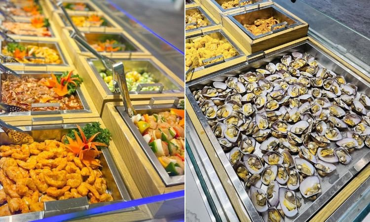 Các khay thịt nướng tươi ngon được sắp xếp đẹp mắt tại nhà hàng buffet