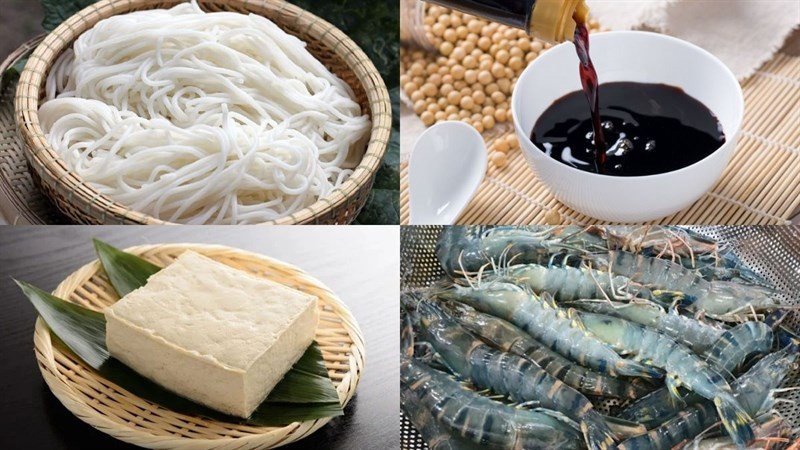 Các nguyên liệu tôm, chả lụa, lạp xưởng được bày biện sẵn sàng để trộn bún