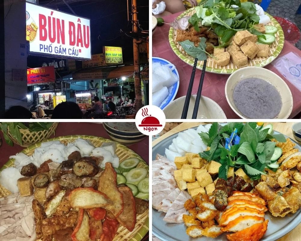 Đậu phụ chiên vàng ruộm được xếp cạnh các loại topping khác trên mẹt