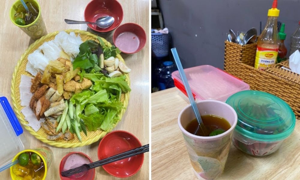 Hình ảnh một ly trà tắc hoặc sấu đá tươi mát được đặt cạnh mẹt bún đậu