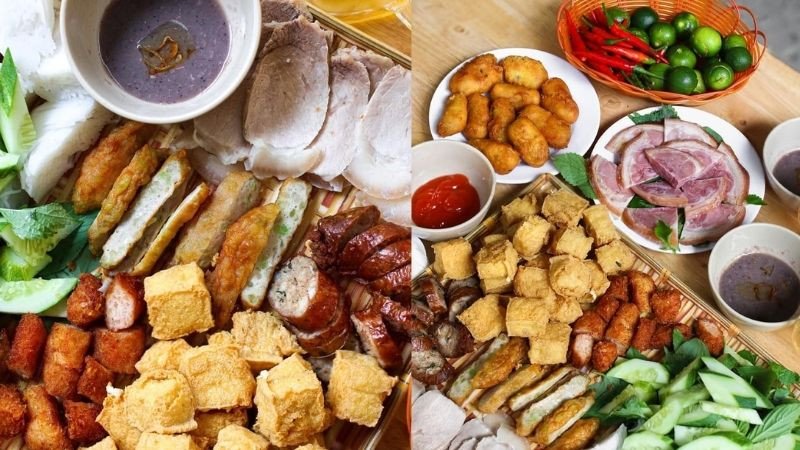 Hình ảnh một mẹt bún đậu thập cẩm đầy đủ topping với đậu rán vàng ruộm