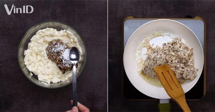 Hỗn hợp riêu chay làm từ đậu hũ nghiền và nấm được xào thơm