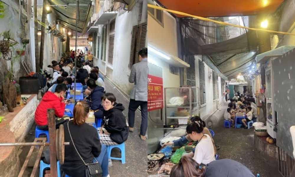 Khách hàng thưởng thức bún đậu tại không gian quán