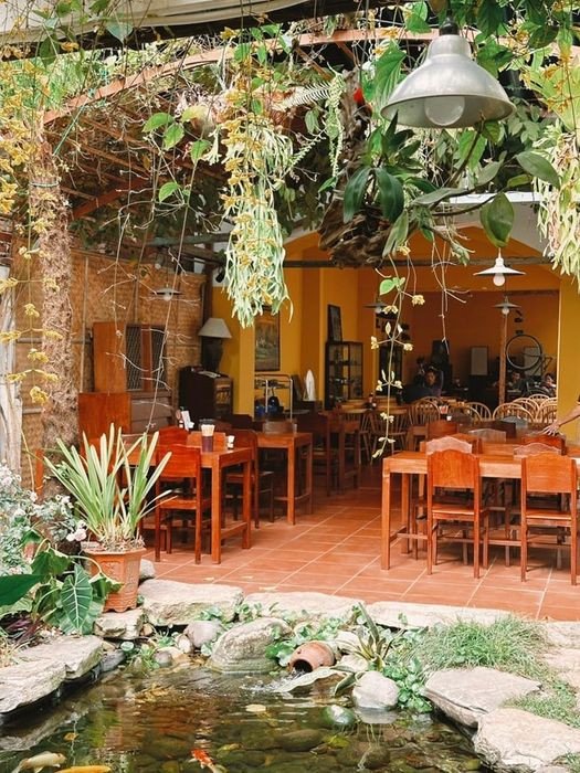 Không gian quán ăn với bàn ghế gỗ sạch sẽ và thoáng đãng