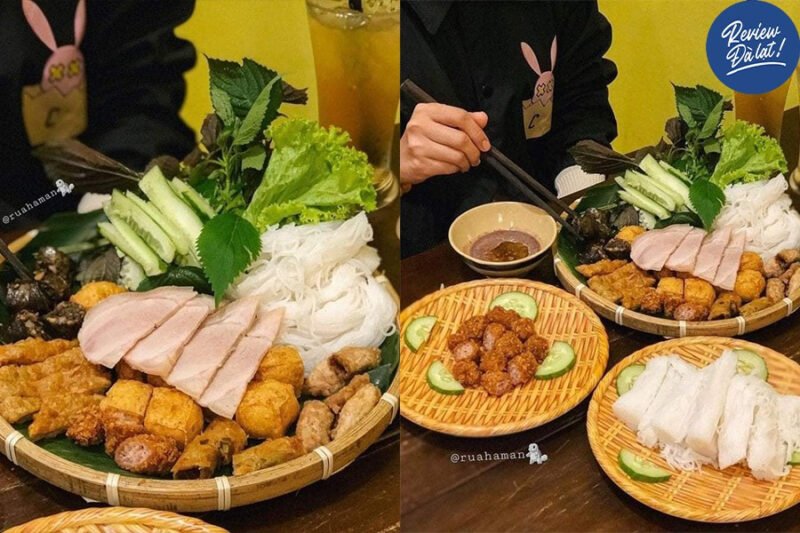 Mẹt bún đậu đầy đủ topping và rau thơm