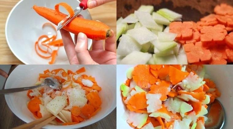 Quá trình trộn gỏi đu đủ cà rốt để ăn kèm bún chả