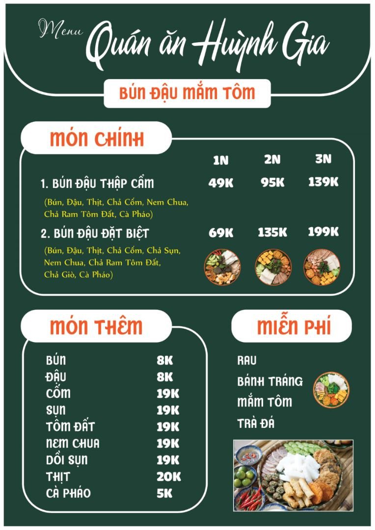 Thực đơn bún đậu mắm tôm với tông màu chủ đạo tối giản, font chữ rõ ràng
