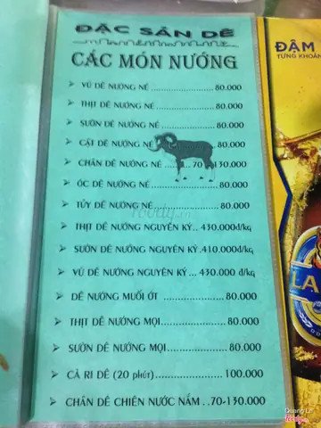 Bảng giá tham khảo các món ăn