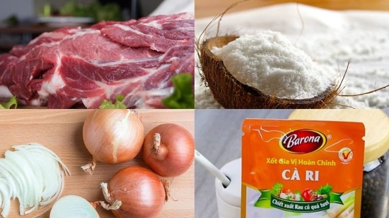 Các nguyên liệu tươi ngon chuẩn bị cho món thịt heo xào lăn, bao gồm thịt heo đã thái lát, sả, ớt, hành tây và nước cốt dừa.
