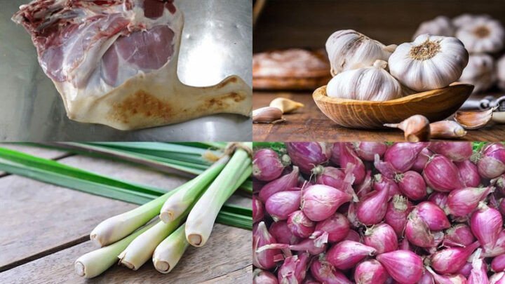 Các nguyên liệu tươi ngon để làm món thịt dê hấp sả bao gồm thịt dê, sả, tỏi, hành tím và rau sống.