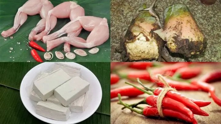 Cận cảnh món ếch om củ chuối hấp dẫn với đầy đủ nguyên liệu.