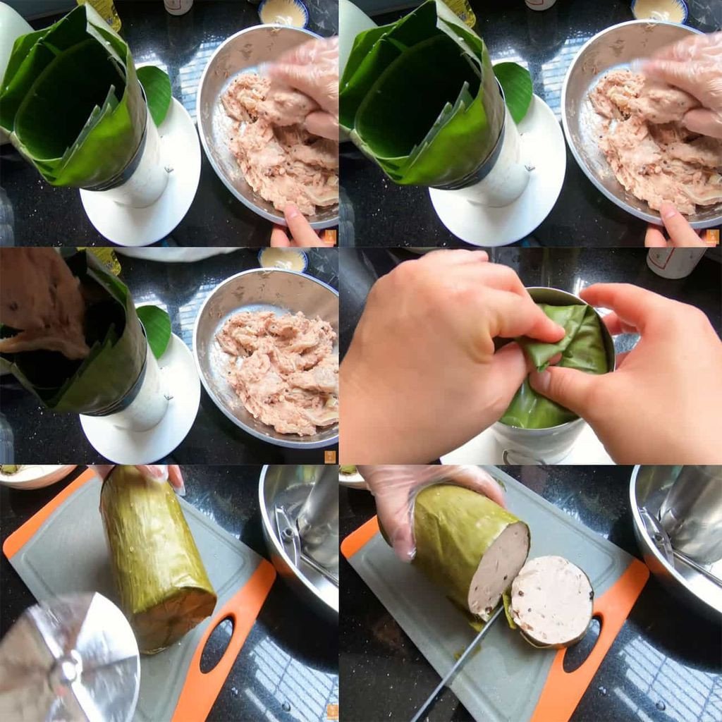 Chả lụa tươi ngon đang được gói cẩn thận trong lá chuối xanh truyền thống