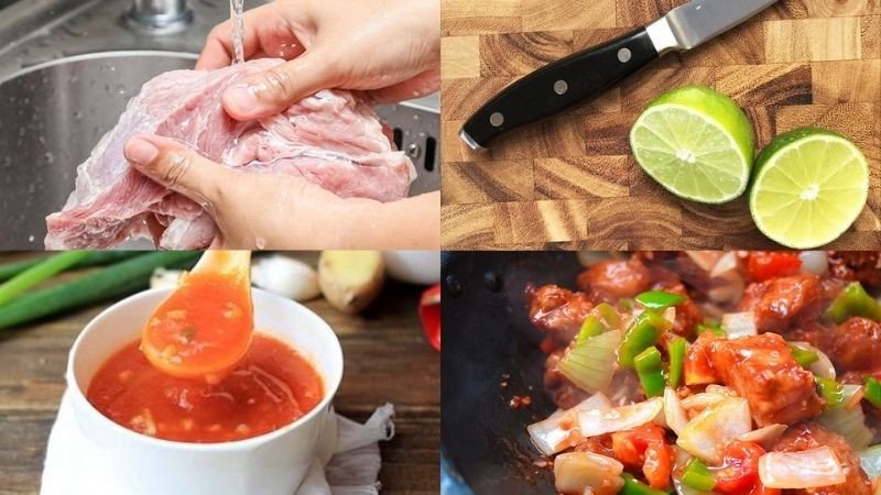 Chiên thịt heo vàng đều hai mặt trên chảo để có độ giòn nhẹ trước khi kết hợp với sốt chua ngọt hấp dẫn.