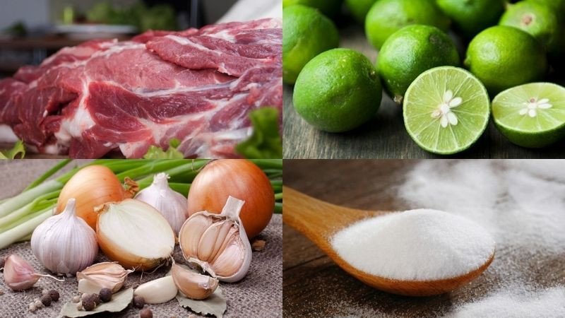 Chuẩn bị các nguyên liệu cơ bản để làm món thịt heo xào chua ngọt như thịt heo thái lát, chanh, hành lá và tỏi.