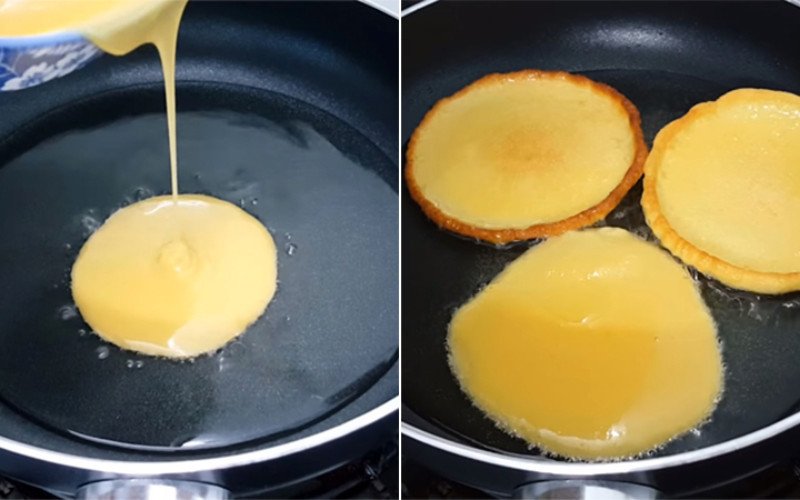 Đổ bột bánh ngọt lên chảo để rán