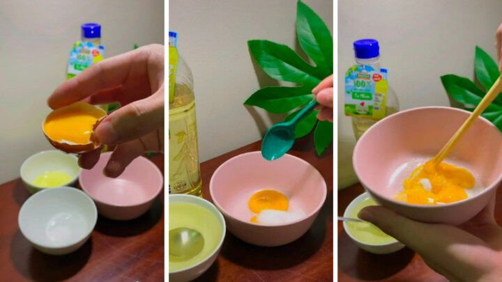 Lòng đỏ trứng gà đã được pha trộn cùng đường, muối và nước cốt chanh, sẵn sàng cho bước đánh sốt bơ bánh mì