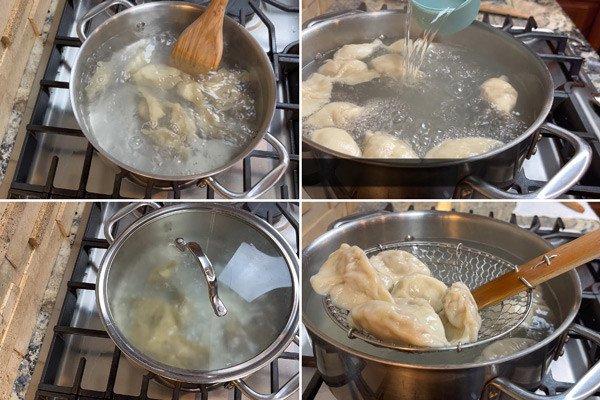 Luộc sủi cảo tôm thịt nước để có món ăn nóng hổi.