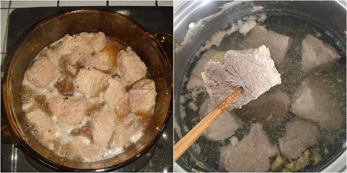 Luộc thịt sơ qua để làm ruốc