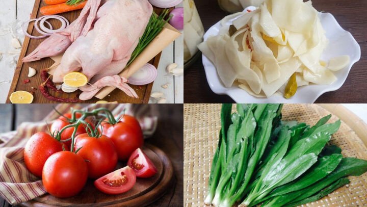 Mâm nguyên liệu tươi ngon để nấu vịt xáo măng bao gồm thịt vịt, măng chua, cà chua và gia vị