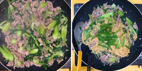 Mì xào bò rau cải đang được xào trên chảo nóng