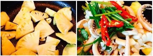 Món mực ống xào dứa hoàn thành, màu sắc tươi ngon