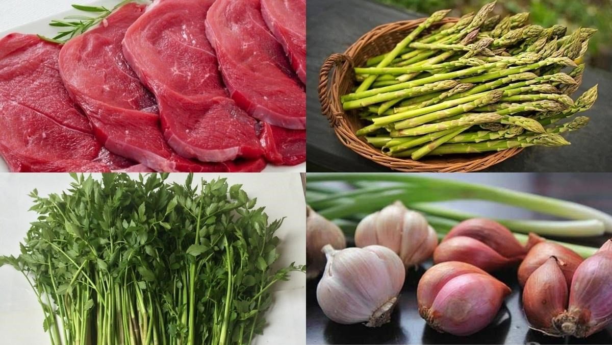 Nguyên liệu chính cho món thịt nai xào măng tây bao gồm thịt nai, măng tây, hành lá