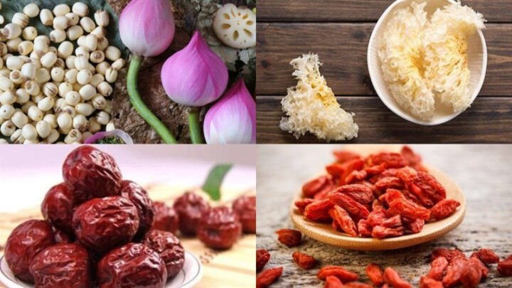 Nguyên liệu chính làm chè nấm tuyết như hạt sen, nấm tuyết, táo đỏ