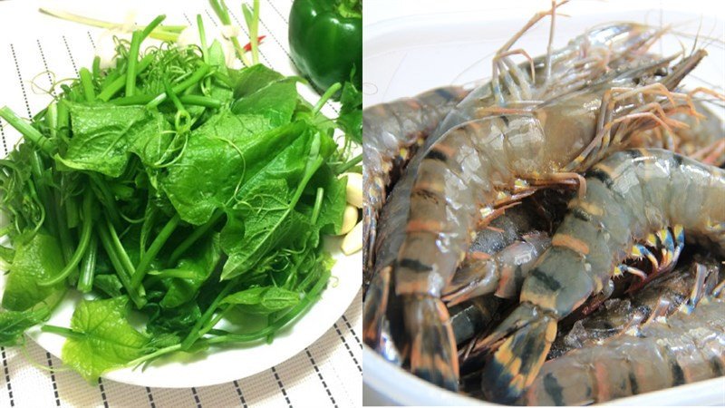 Nguyên liệu chuẩn bị cho món ngọn su su xào tôm bao gồm ngọn su su, tôm tươi và các loại gia vị