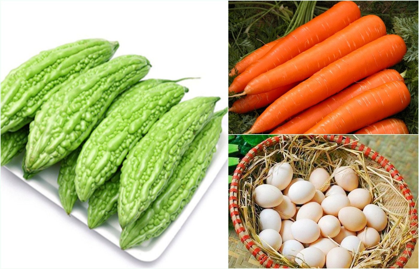 Nguyên liệu khổ qua, trứng và cà rốt tươi chuẩn bị cho món xào