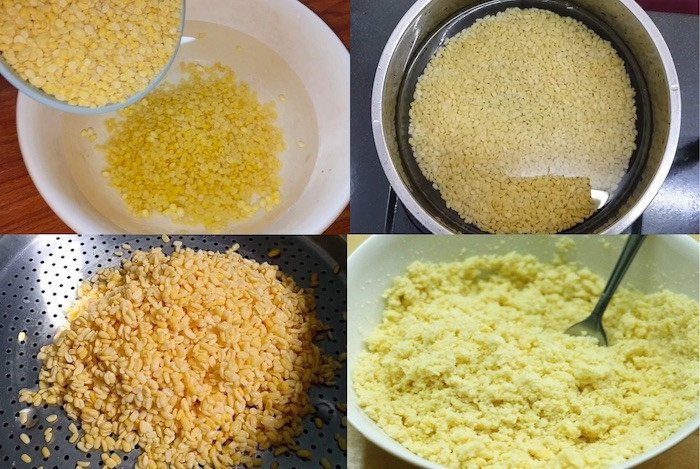Sơ chế đậu xanh mịn màng, chuẩn bị hấp để làm nhân bánh đa kê
