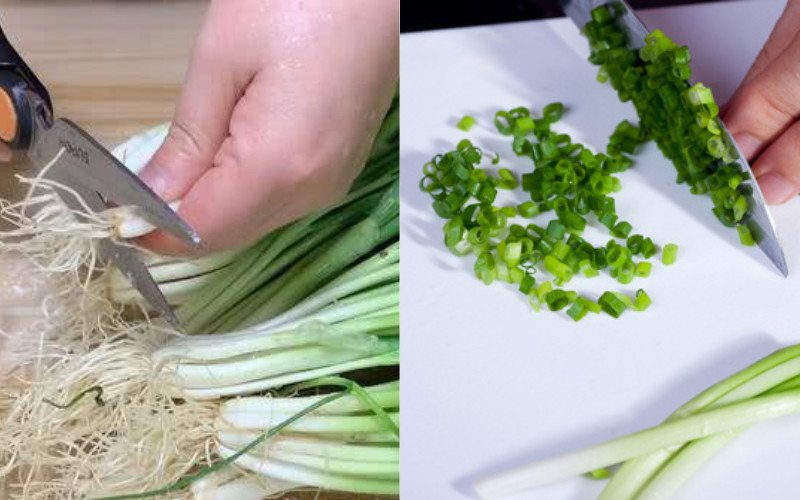 Sơ chế hành lá tươi để làm bánh bột mì rán mặn