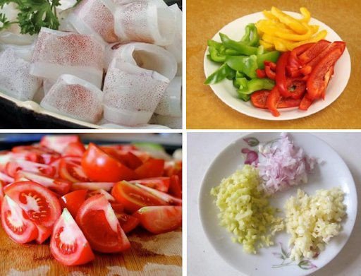 Sơ chế rau củ và thái mực miếng vừa ăn cho món mực xào hấp dẫn