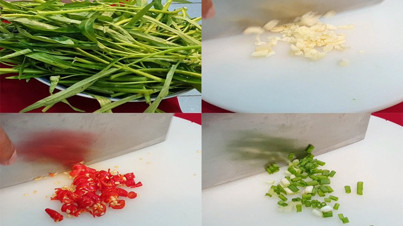 Sơ chế rau muống, tỏi, ớt và hành lá cho món thịt trâu xào