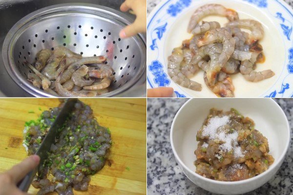 Sơ chế tôm thật sạch, băm nhuyễn tôm và ướp gia vị cho món canh khoai mỡ