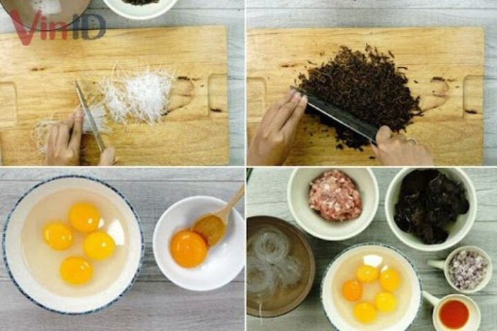 Sơ chế và trộn đều các nguyên liệu cho món thịt chưng trứng trước khi hấp.