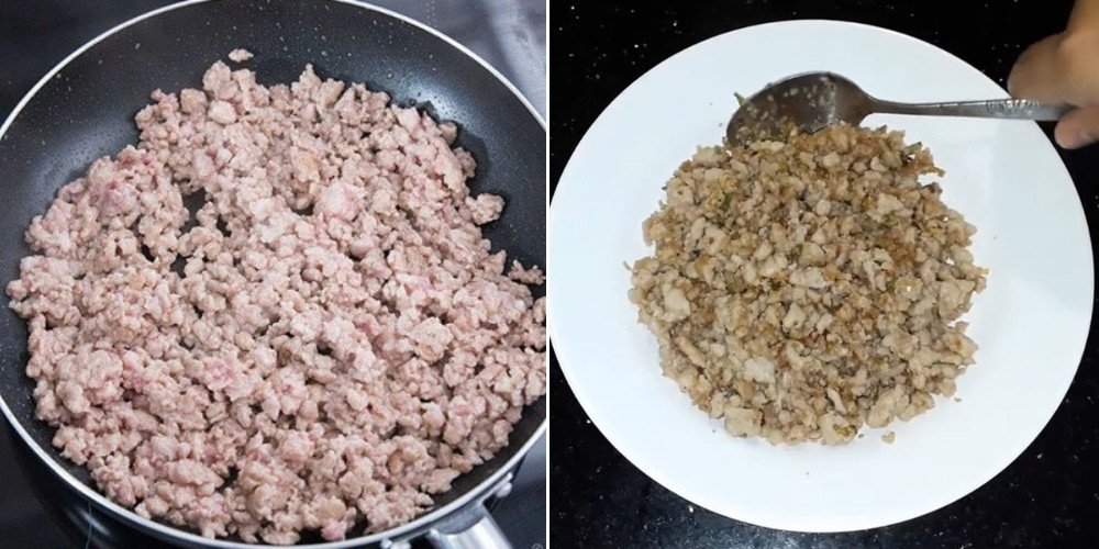 Thịt băm đang được xào sơ trên chảo lớn