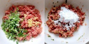 Thịt lợn xay đang được ướp cùng gia vị và rau thơm để làm chả