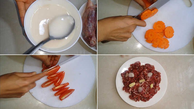 Thịt trâu tươi ngon đã được thái lát mỏng và các gia vị sơ chế sẵn sàng