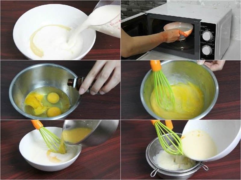 Trộn hỗn hợp sữa và trứng làm nhân bánh trứng sữa nướng