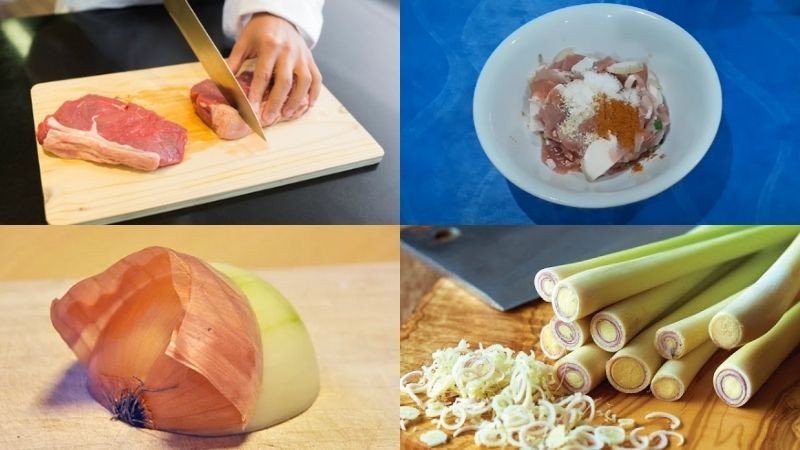 Ướp thịt heo với gia vị và các loại thảo mộc tươi để chuẩn bị cho cách xào thịt heo lăn thơm ngon.