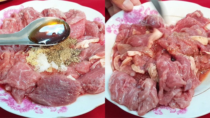 Ướp thịt trâu với gia vị để có cách xào thịt trâu mềm