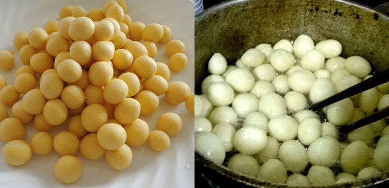 Vo viên bánh bột nếp chiên và chiên ngập dầu