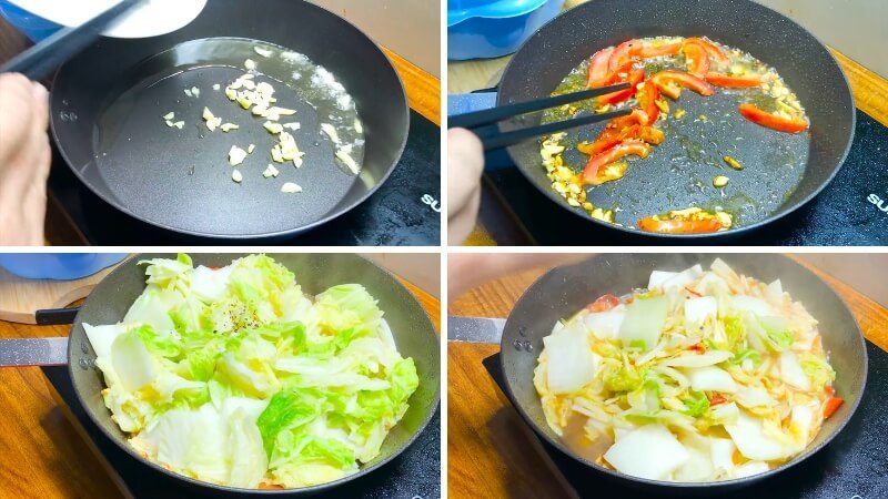 Xào cải thảo và cà chua trên bếp