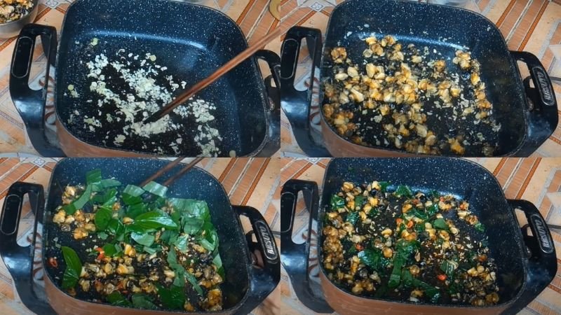 Xào ốc bươu trên lửa nhỏ để thấm đều gia vị