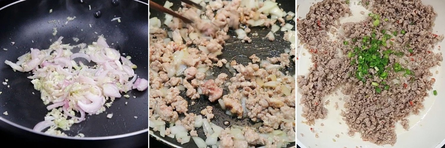 Xào thịt băm cùng sả và hành tím trên chảo