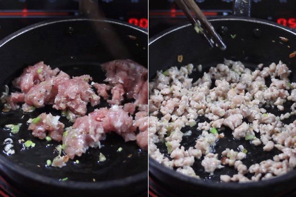 Xào thịt băm trước khi nấu canh khoai mỡ