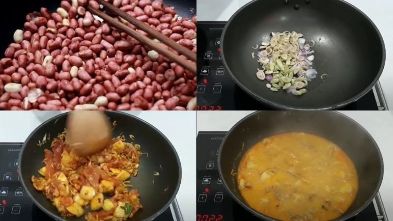 Xào thịt heo đã ướp trên chảo nóng cùng sả ớt, sau đó thêm nước cốt dừa để món xào thịt heo lăn thêm phần béo ngậy.