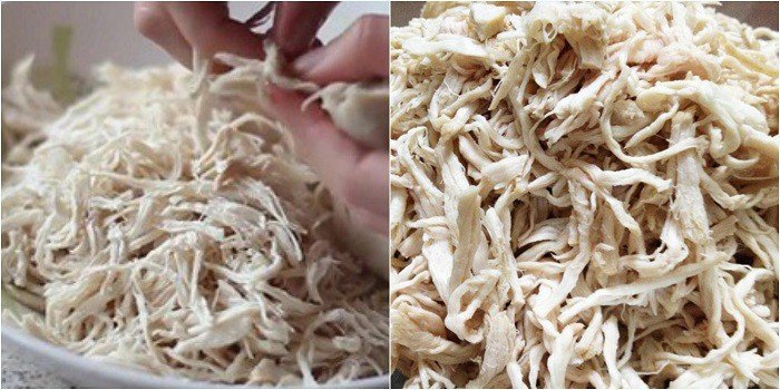 Xé thịt lợn thành sợi nhỏ làm ruốc